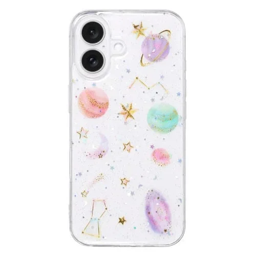Funda TPU Epoxi Purpurina Estrellas Cósmicas iPhone 16 (Transparente Violeta)