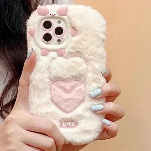Funda TPU iPhone 14 Pro Bordado Felpa Corazón (Beige)