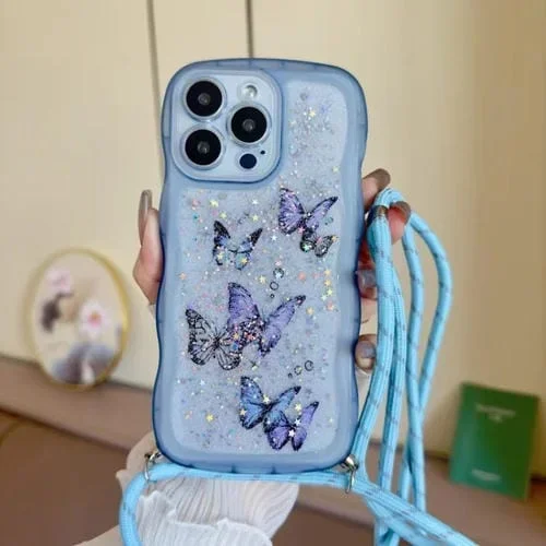 Funda TPU iPhone 16 Pro Borde Ondulado Diseño Mariposa (Azul)