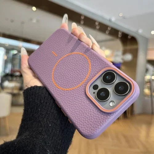 Funda TPU iPhone 16 Pro Max con Diseño Grano de Lichi y Anillo Magsafe (Morado)