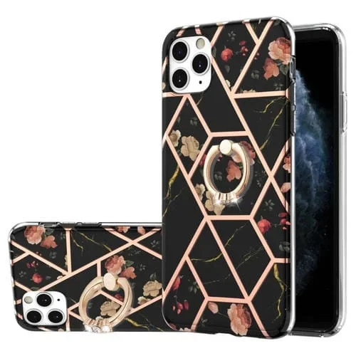 Funda TPU para iPhone 11 Pro Max Galvanoplastia Empalme Patrón Flor Mármol a Prueba de Golpes con Soporte Anillo Diamantes de Imitación (Flor Negra)