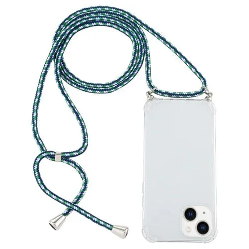 Funda TPU para iPhone 15 Plus a Prueba de Golpes con Cordón Cuatro Esquinas (Verde Azul Blanco)