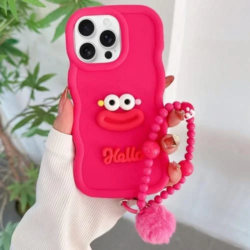 Funda TPU para iPhone 15 Pro Forma Boca de Salchicha con Cadena de Cuentas (Rojo)