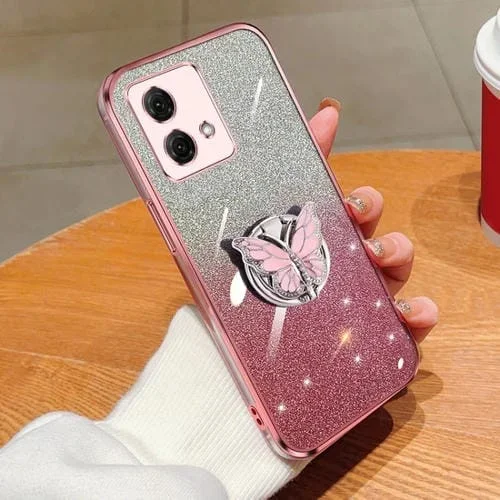 Funda TPU para Motorola Moto G84 con Soporte de Mariposa y Brillo Degradado (Rosa)