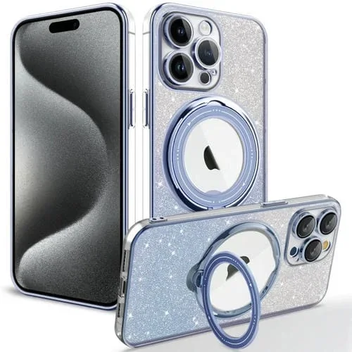 Funda TPU Purpurina Degradada con Soporte Magsafe Giratorio para iPhone 15 Pro (Azul Sierra)