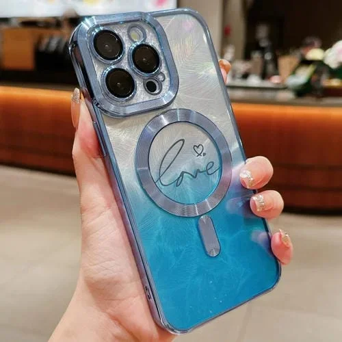 Funda TPU Purpurina Degradado Plumas Amor Duales para iPhone 11 Pro (Azul)