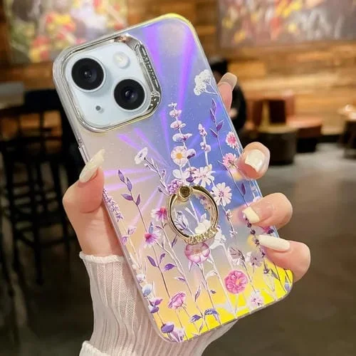Funda TPU Soporte Anillo Flores Galvanoplastia Láser iPhone 15 (Flor Ah1)