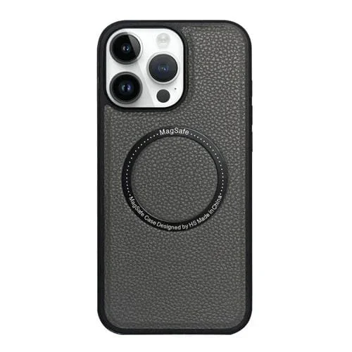 Funda trasera MagSafe de PU con textura de lichi para iPhone 15 Pro (gris)