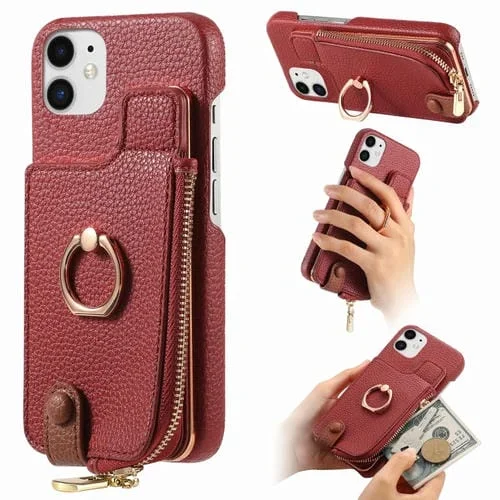 Funda Trasera para iPhone 11 con Billetera, Cremallera y Anillo de Cuero Litchi (Rojo)