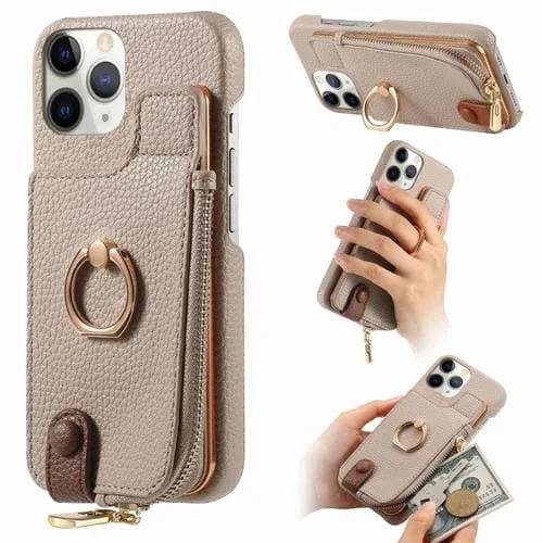 Funda Trasera para iPhone 11 Pro con Billetera, Cremallera y Anillo Cuero Litchi (Caqui)