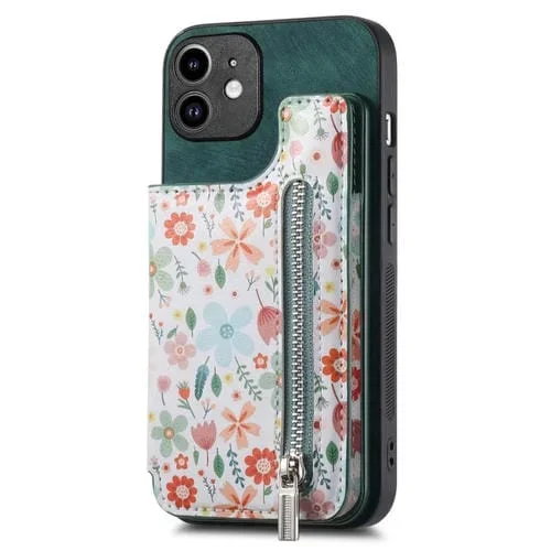 Funda Trasera para iPhone 12 con Billetera con Cremallera Pintada Retro (Verde)