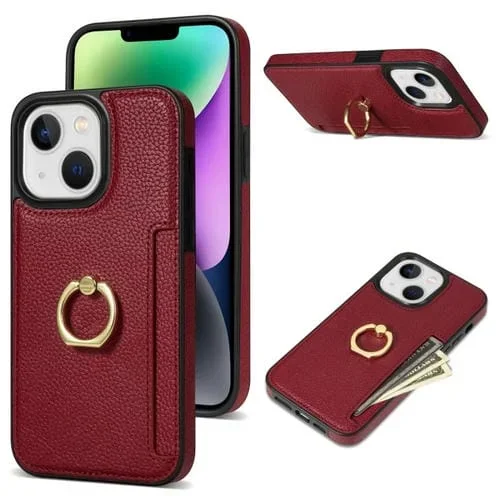 Funda Trasera para iPhone 13 Mini Ring Card Litchi Cuero (Rojo)