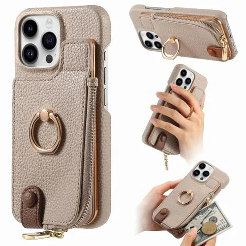 Funda Trasera para iPhone 13 Pro Max con Billetera, Cremallera y Anillo de Cuero Litchi (Caqui)