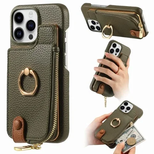 Funda Trasera para iPhone 13 Pro Max con Billetera, Cremallera y Anillo de Cuero Litchi (Verde)