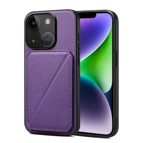Funda Trasera para iPhone 14 Plus de Piel de Becerro de Imitación con Soporte (Púrpura)