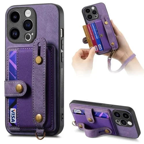 Funda Trasera para iPhone 14 Pro Max Retro Cross Muñequera Monedero de Cuero (Púrpura)