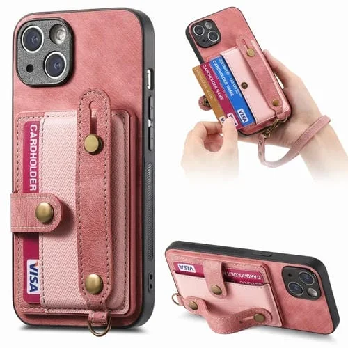 Funda Trasera para iPhone 14 Retro Cross Muñequera Monedero de Cuero (Rosa)