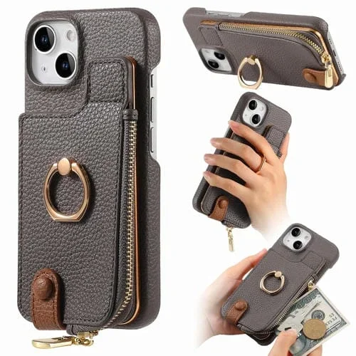 Funda Trasera para iPhone 15 con Billetera, Cremallera y Anillo de Cuero Litchi (Gris)