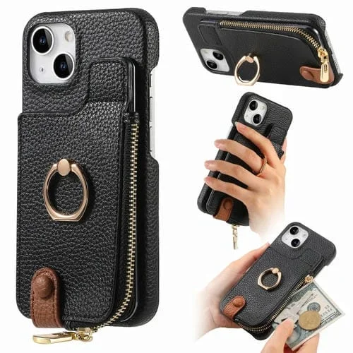 Funda Trasera para iPhone 15 Plus con Billetera, Cremallera y Anillo de Cuero Litchi (Negro)