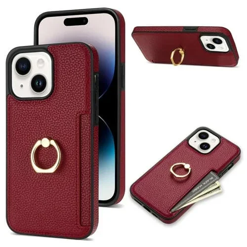 Funda Trasera para iPhone 15 Plus Ring Card Litchi Cuero (Rojo)