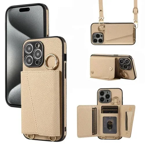 Funda Trasera para iPhone 15 Pro Crossbody Ring Wallet de Cuero (Marrón)