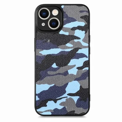 Funda Trasera para iPhone 15 Pro Cuero Camuflaje Retro (Azul)