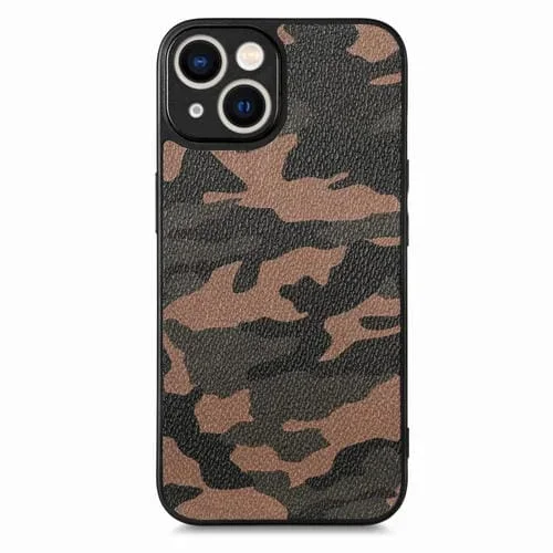 Funda Trasera para iPhone 15 Pro Cuero Camuflaje Retro (Marrón)