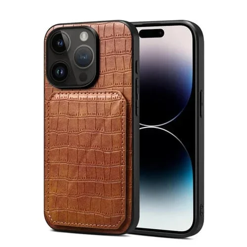 Funda Trasera para iPhone 15 Pro Piel de Cocodrilo de Imitación con Soporte (Marrón)