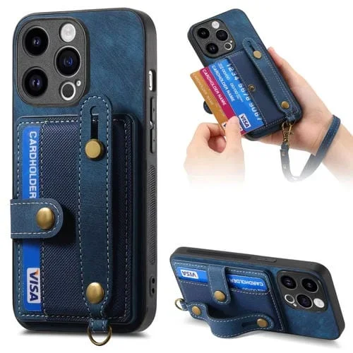 Funda Trasera para iPhone 15 Pro Retro Cross Muñequera Monedero de Cuero (Azul)