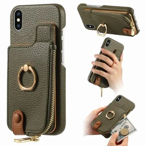 Funda Trasera para iPhone X / Xs con billetera, cremallera y anillo de cuero litchi (Verde)