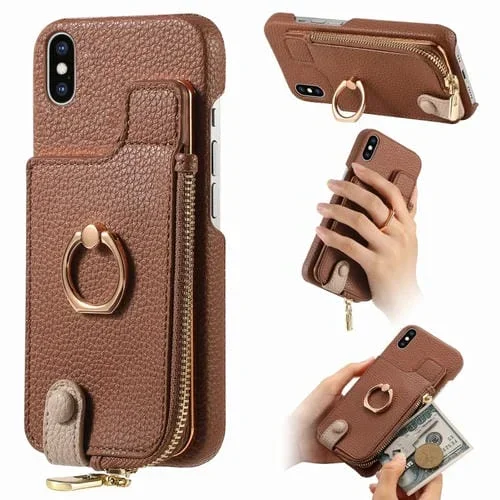 Funda Trasera para iPhone Xs Max con billetera, cremallera y anillo de cuero litchi (Marrón)