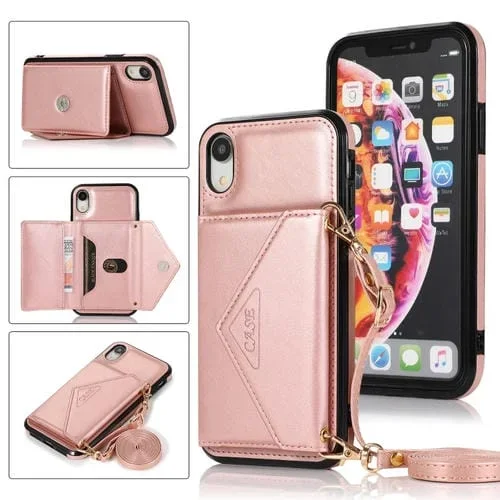 Funda Trasera para iPhone Xs Max TPU + PU con soporte y ranura para tarjeta y billetera (Oro Rosa)