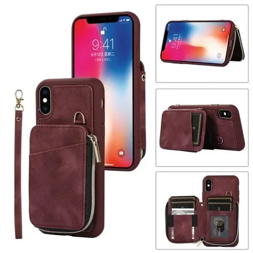 Funda Trasera para Teléfono Bolsa de Tarjeta con Cremallera para iPhone X Xs (Rojo Vino)