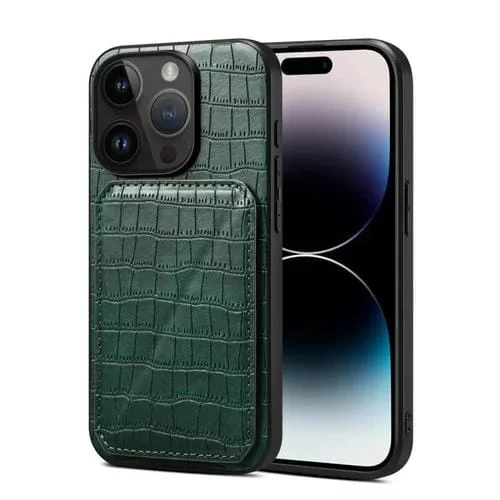 Funda Trasera para teléfono iPhone 15 Pro piel de cocodrilo de imitación con soporte (Verde)