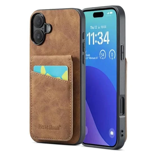 Funda Trasera PU Fierre Shann Crazy Horse con tarjetero para iPhone 16 (Marrón)