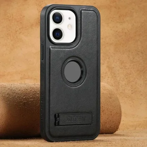Funda Trasera Suteni G2 Magsafe para iPhone 12 con soporte de cuero (Negro)