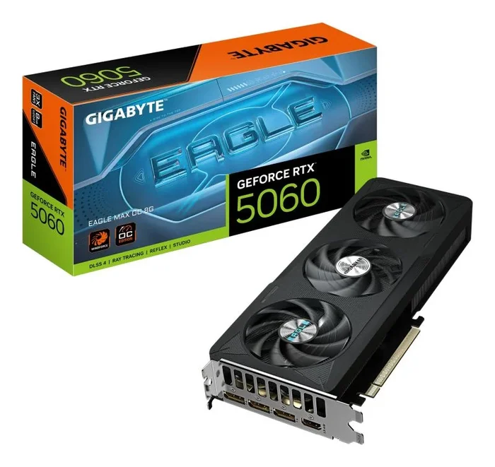 Gigabyte GeForce RTX 5060 Eagle MAX OC 8G Tarjeta Gráfica – 8 GB GDDR7, 128 bits, PCI-E 5.0, frecuencia de núcleo 2550 MHz, 3 x DisplayPort, 1 x HDMI, NVIDIA DLSS 4, GV-N5060EAGLEMAX OC-8GD