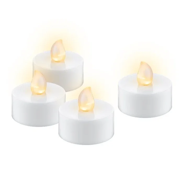 goobay 49868 Juego de 4 velas Led de té con función de temporizador, Luces blanco cálido, Ø 3,8 cm/3,7 cm de altura, blanco, pilas incluidas (CR2032)