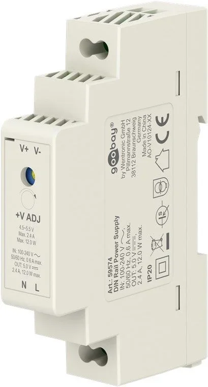 Goobay 59574 Fuente de alimentación 5 V para carril DIN ideal para el funcionamiento de sistemas vigilancia y acceso/transformador alimentación/sistema de timbre/carril DIN 2,4 A y 12 W