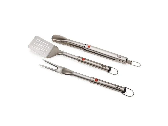 GrillOut™ Joseph Joseph, juego de 3 piezas para BBQ, con tenedor, espátula y pinzas, mango retráctil, acero inoxidable, drenaje de grasa, herramientas desmontables – acero inoxidable