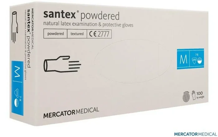 Guantes de látex con polvo Mercator, Rękawice lateksowe pudrowane, desechables, para uso médico y limpieza, alta elasticidad y comodidad, blanco