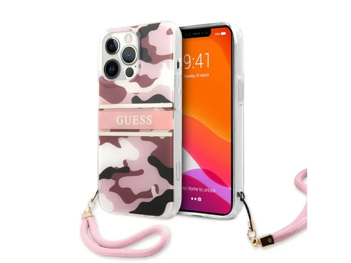 Guess – Carcasa rígida para iPhone 13 Pro, diseño de Camuflaje y Rayas con Correa de Nailon