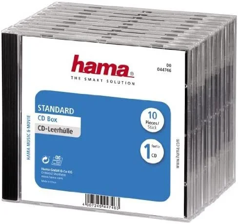 Hama Caja estándar para 1 CD – Pack 10 Unidades – Jewel Case Transparente Negro – Reemplazo CD/DVD – Estuche rígido Universal