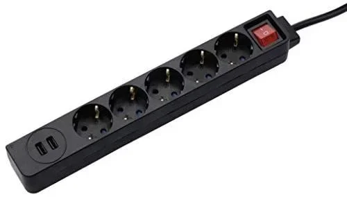 HAMA | Regleta de enchufes con 5 tomas y 2 puertos USB, Cable de 1,4m, Con interruptor, 230 V, Color negro