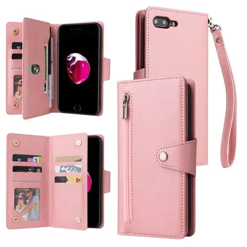 Hebilla de Remojo Case de Teléfono Cuero Tres Pliegues 9 Tarjetas para iPhone 7 Plus/8 Plus (Oro Rosa)