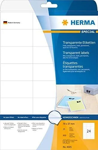 HERMA 4685 etiqueta autoadhesiva Rectángulo Permanente Transparente 600 pieza(s)
