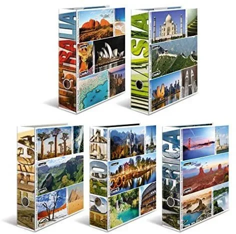 HERMA Archivadores de anillas con palanca Globetrotter, motivos surtidos, A4, 70 mm, con estampado interior, Paquete de 10