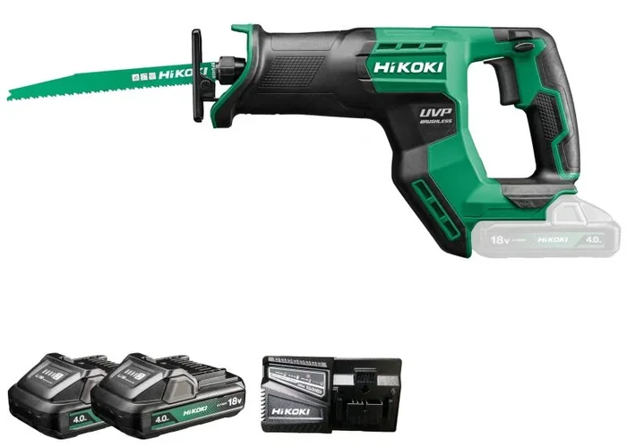 HIKOKI Sierra sable con batería CR18DMA (18 V (2 x 4,0 Ah) Li-ion, carrera de sierra: 29 mm, sierras en madera Ø: 300 mm, sierras en tubo Ø: 130 mm, sierras en acero Ø: 19 mm, rango de canciones: