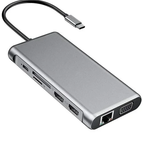 Hub Estación de Acoplamiento 12 en 1 Tipo-C USB-C con HDMI x2, USB 3.0, USB 2.0, Carga PD, VGA, RJ45, Jack 3,5mm, TF/SD x2 (Gris Oscuro)