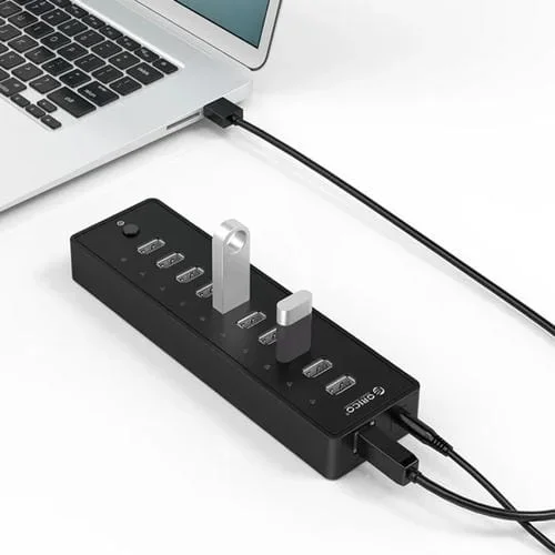 Hub USB 2.0 Orico P10-U2 de 10 Puertos con Indicador Led de Encendido y Cable USB de 1 Metro (Negro)